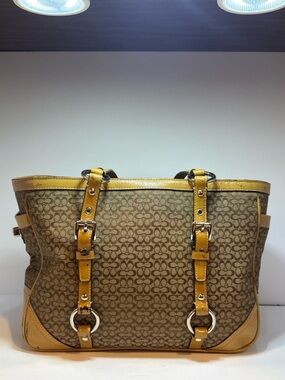 Coach Signature Canvas Tote Bag Tan Brown Yellow Leather Trim Y2K